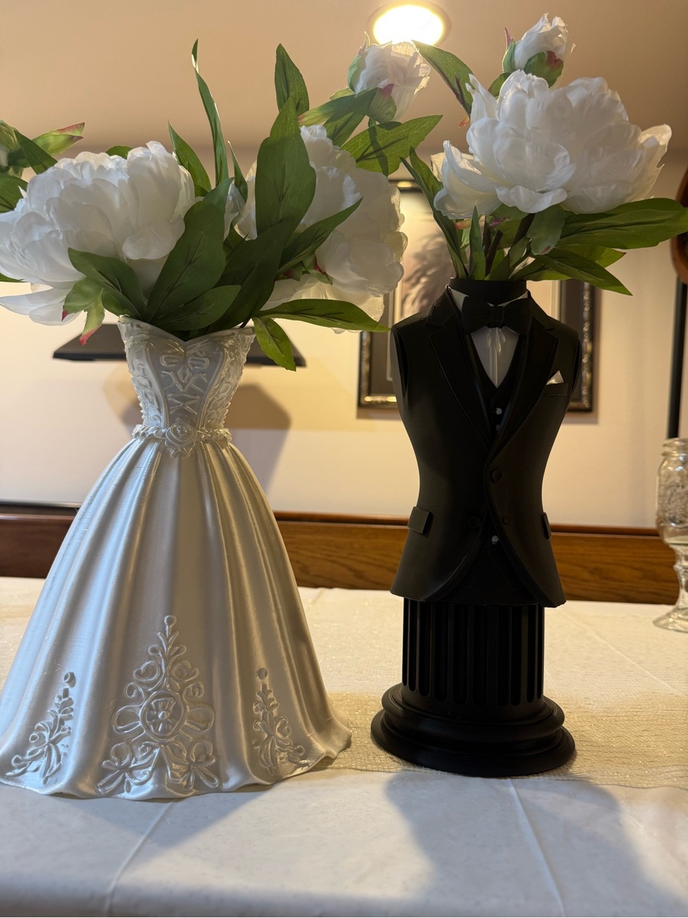 Bride and Groom Ceramic Vase Set - White Bridal & Black Tuxedo